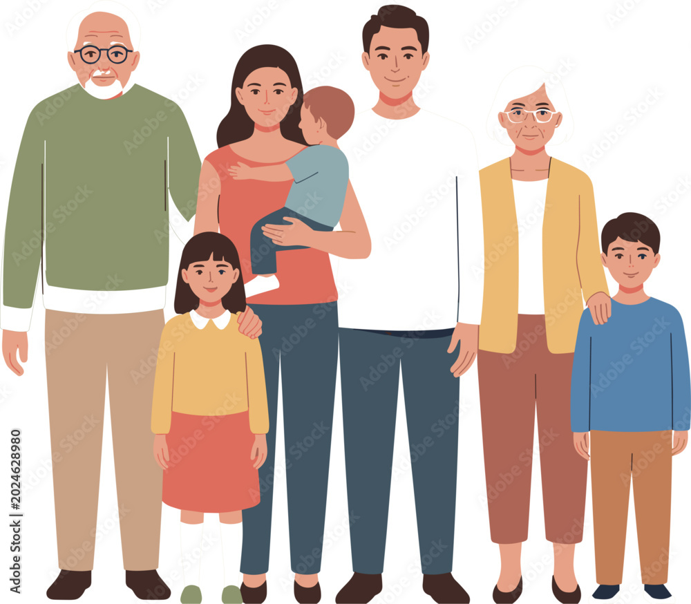 Obraz premium Multi Generational Big Family Portrait Vector Illustration with Grandparents Parents and Cute Kids Standing Together for Life Insurance and Relationship Concepts