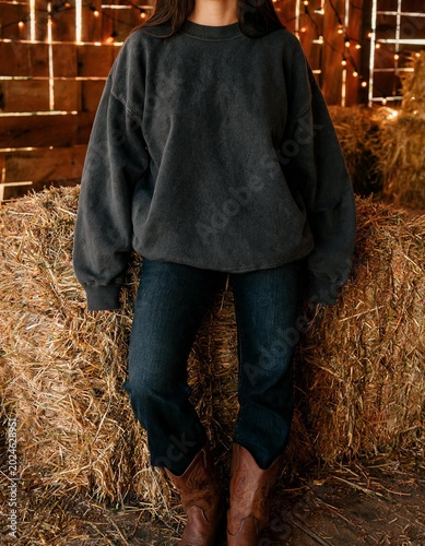 A person wearing a dark grey sweatshirt and blue jeans stands in front of a haystack. The person is wearing brown cowboy boots and is in a rustic barn setting.