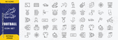Set of 50 outline icons related to football, soccer. Linear icon collection. Editable stroke. Vector illustration
