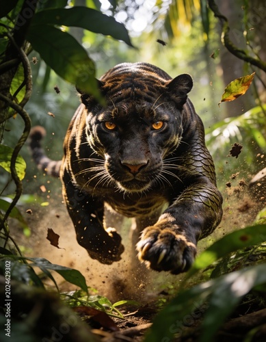A powerful black panther in mid-leap through a dense jungle, its eyes glowing with intensity. The surrounding foliage is lush and green.