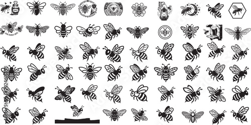 Honey bee set. Set of honey and bee labels for honey logo products. Honey bee silhouette collection vector illustration. Set of abstract modern graphic bees on white background.
