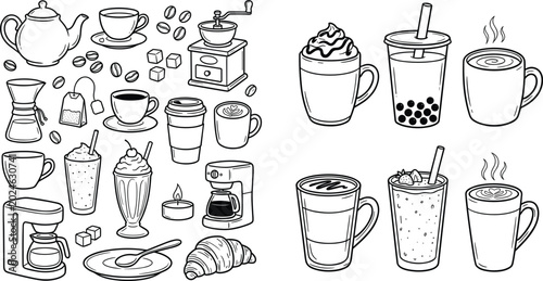 Cuadro en lienzo Hand Drawn Coffee and Tea Line Art Icon Set Featuring Espresso Cup Teapot Grinde
