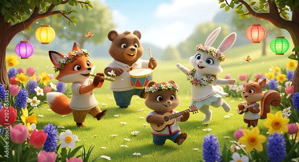 Naklejka premium Cute cartoon forest animals playing music and dancing in a sunny flower meadow