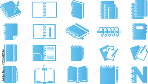 Foto Spiral notebook icon set featuring different views pages binding styles and writing tools collection