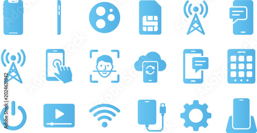 Photos Smart phone hardware icons set with wireless signal tower and mobile technology elements