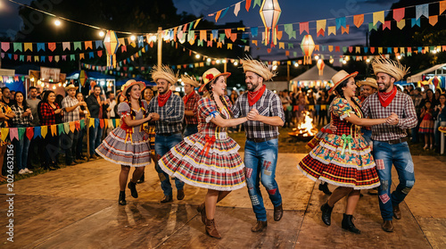 Brazilian Festa Junina dancers in traditional folk costumes celebrate Sao Joao festival with colorful skirts and hats under festive lights and flags