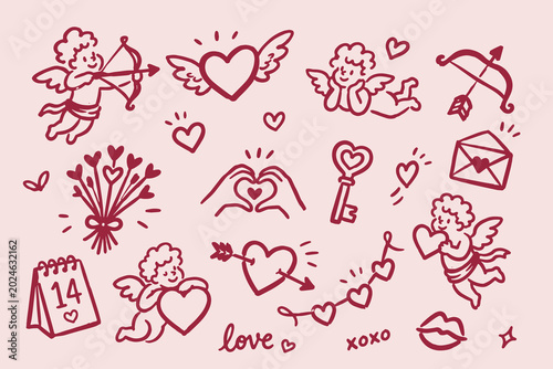 Valentines Day Cupid Hearts Set Red Doodle Sketch Vector