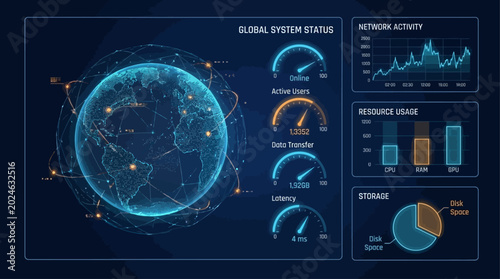 Advanced holographic user interface displaying complex cybernetic information, financial telemetry, and global network statistics on a luminous dark screen for corporate operations.