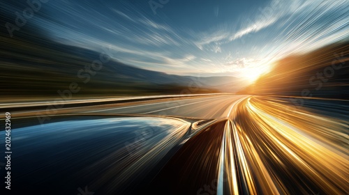 Abstract of a curving road with motion blur, sun setting in the distance. Blue water on the left, mountains & sky