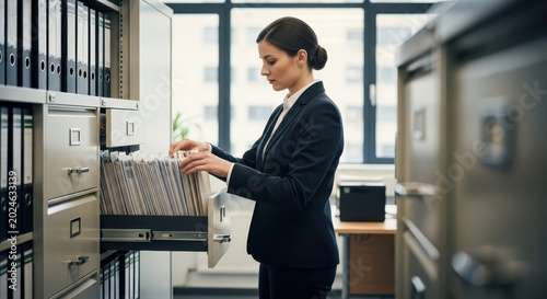 Professional office clerk diligently searching through files in a modern filing cabinet, organizing important business documents.