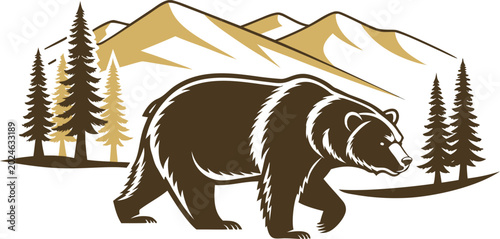 Obraz na płótnie Vector illustration of a grizzly bear walking in front of a mountain range and p