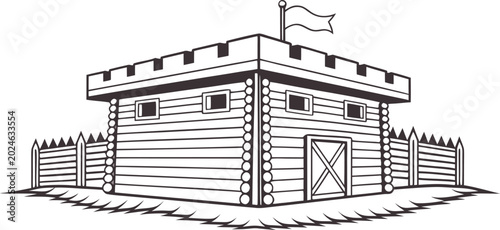 Bild auf Leinwand Black and white illustration of a wooden fort with a flag on top