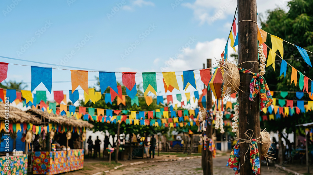 Obraz premium Colorful triangular flags hang overhead at a Brazilian Festa Junina celebration under a bright blue sky with rustic huts and people gathered below.