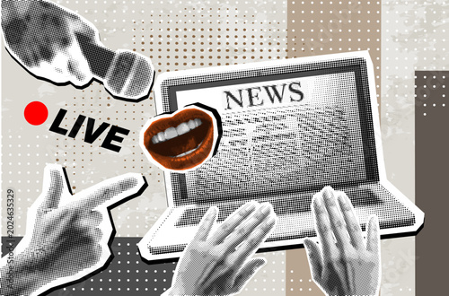 Tablou pe pânză Trendy Halftone Collage with hand pointing on Breaking news on a screen laptop