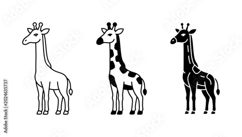 Photography Three Giraffe Vector Illustrations: Outline, Spotted, and Silhouette Styles