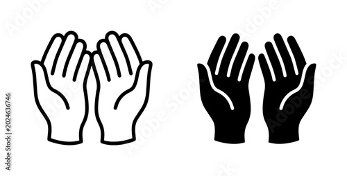 Praying Hands Icon Set, Open Palms Silhouette, Religious Symbol, Dua Gesture, Hope and Faith Vector Graphics
