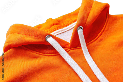 A vibrant orange hoodie with white drawstrings on a plain background