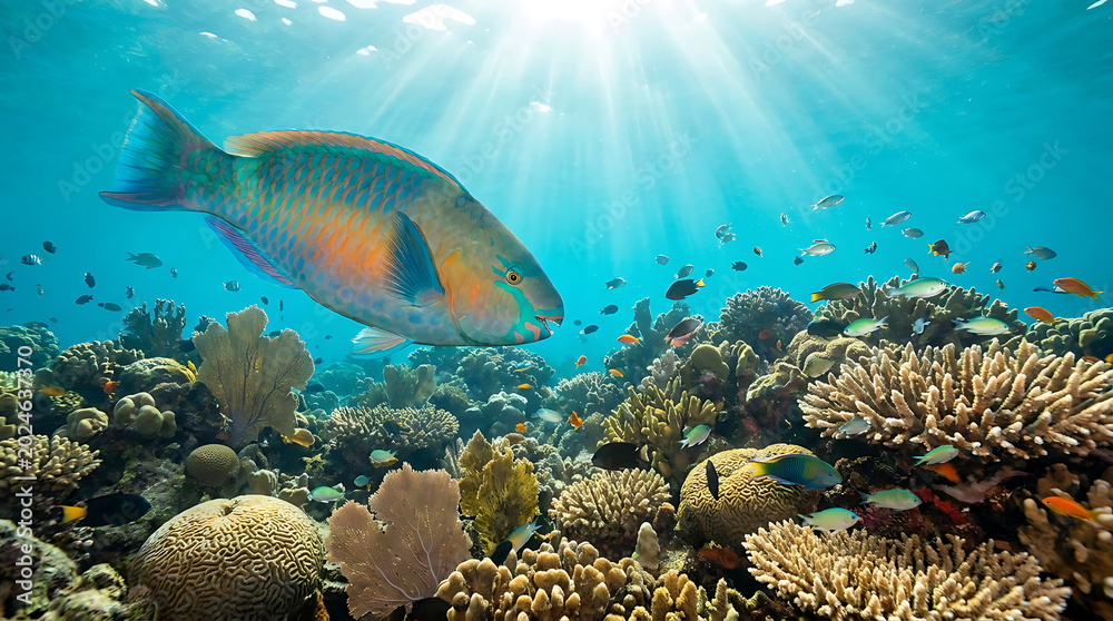 Obraz premium A Large Parrotfish Swims Gracefully Through a Vibrant Coral Reef Ecosystem Under Sunlight