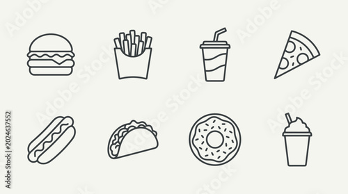 Fast Food Icons Line Drawings Collection.