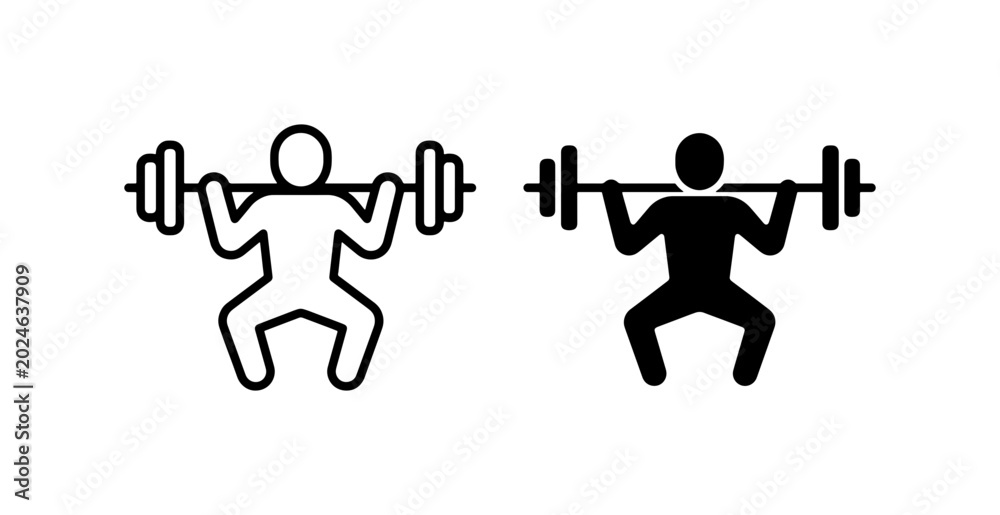 Fototapeta premium Weightlifting Icon Set: Two Simple Squatting Figures, Black and White Outline, Fitness and Strength Training Vector Graphics
