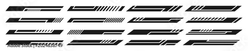 Racing car stripes set. Checkered flag, finish line, dynamic lines, and motocross labels for motorsport and automotive, sport decals, vehicle tuning stickers. Vector illustration.