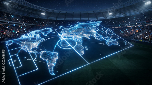 Generative AI Illustration of Low Angle View Night Football Stadium with Floating Digital World Map Grid for International Tournament Background