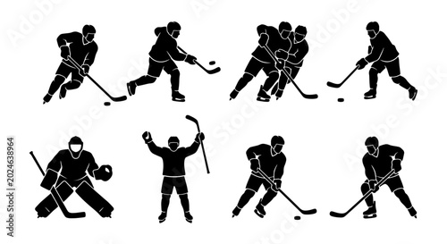 Photography Ice Hockey Player Silhouettes Collection, Action Poses Vector Set, Sport Game Gr