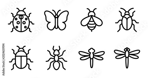 Foto Insect Icons Collection: Ladybug, Butterfly, Bee, Beetle, Ant, Dragonfly Vector