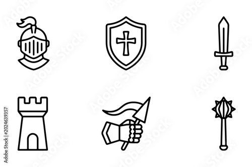 Bild auf Leinwand Medieval knight icon set, 6 black line vector elements, ancient warrior armor an