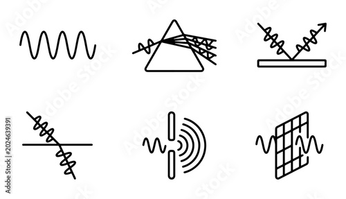 Foto Physics Wave Optics Icons, Light Refraction Prism, Reflection, Diffraction, Spec