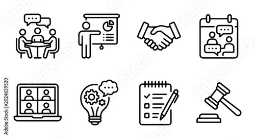 фотографія Business Meeting Icons Set: Collaboration, Presentation, Handshake, Calendar, Vi