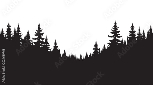 landscape with black silhouettes of trees and hills, trees silhouettes set. Black pine woods
