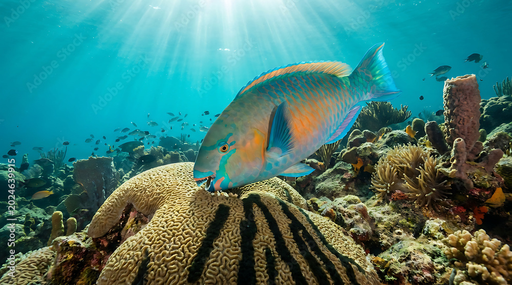 Obraz premium Vibrant Parrotfish Grazes on Coral Reef in Sunlit Underwater Ocean Scene