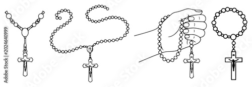 Photos Rosary beads with crucifix and hand holding prayer beads in classic line art sty
