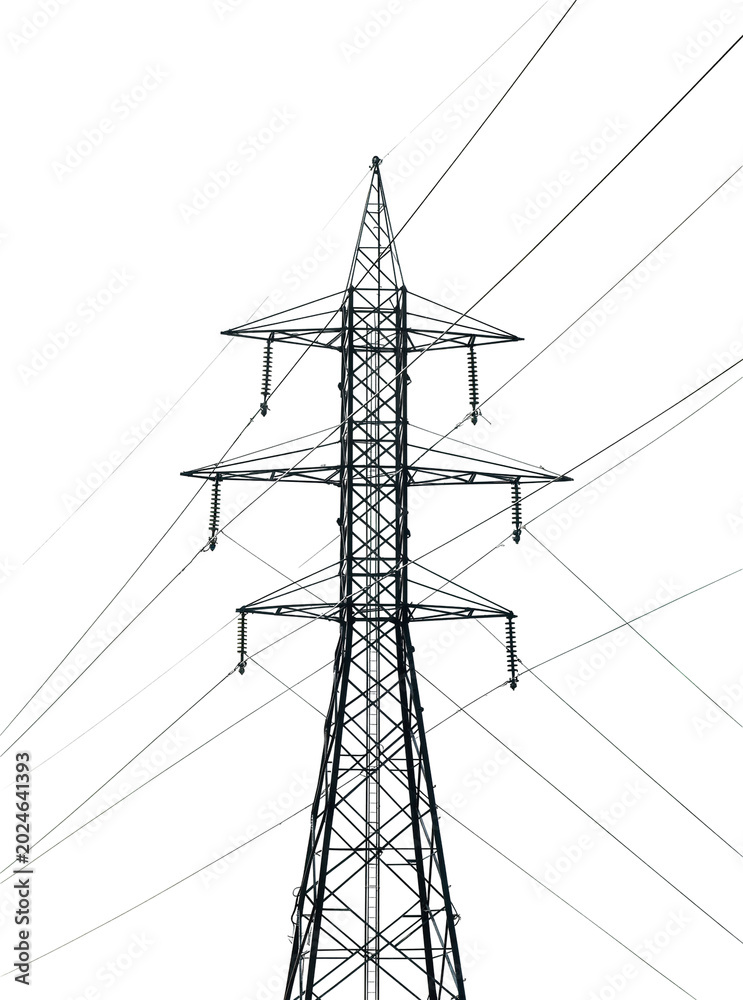 Obraz premium Isolated massive electricity pylon supporting high-voltage power transmission lines