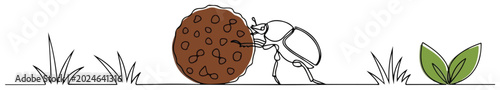 Foto Dung beetle rolling a brown ball in nature with grass and leaves in simple line