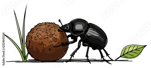 Photos Dung beetle rolling organic ball on ground in colorful nature illustration style
