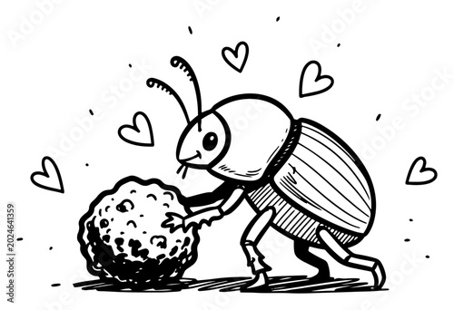 Obraz na plátně Cute dung beetle rolling ball with hearts in happy cartoon doodle style