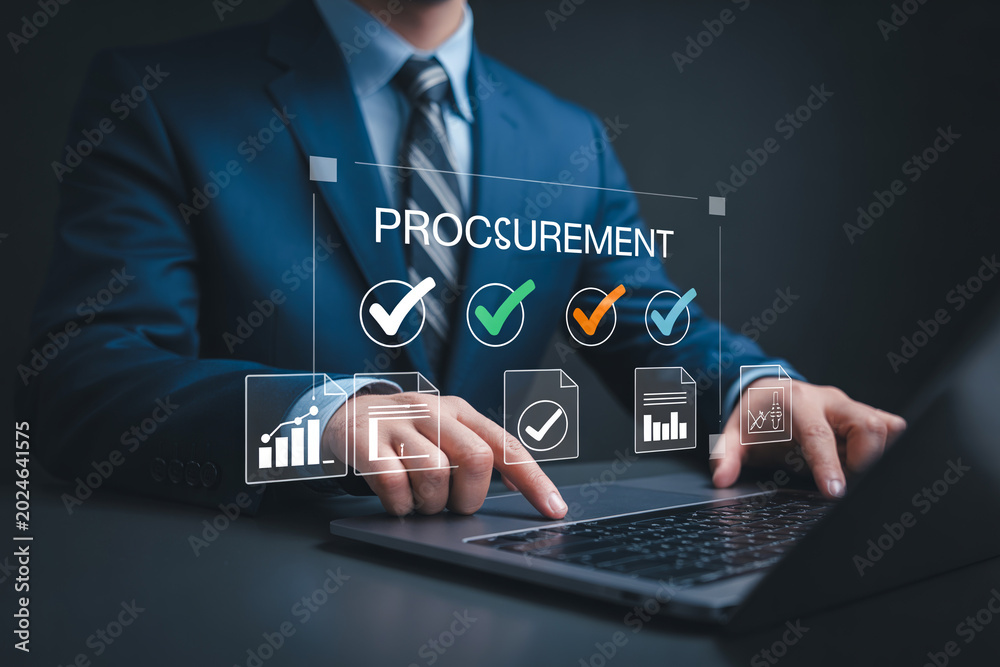 Fototapeta premium Businessman managing procurement process on laptop with checkboxes and data visualization.