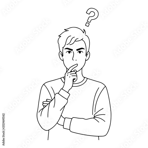 Man thinking and contemplating a question with a question mark in minimal line art style