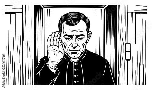 Bild auf Leinwand Priest listening in confessional box in detailed engraving woodcut style