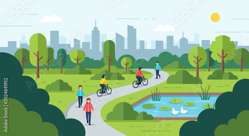 people cycling and walking in a city park.