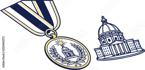 Photos Medal with a dome building icon and a separate illustration of a capitol buildin