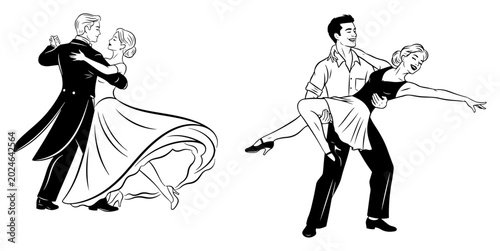 Photos Couples dancing ballroom waltz and swing in elegant classic line art style