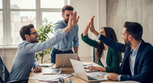 Office Colleagues Celebrating Success with High Fives Around a Meeting Table with Laptops