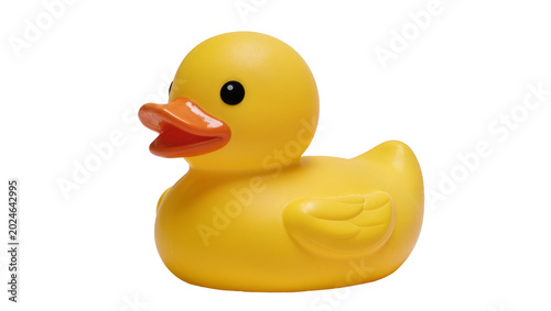 Εκτύπωση καμβά Isolated vibrant yellow rubber duck toy with orange beak, classic children's bath time fun