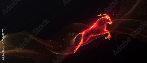 Red glowing horse silhouette jumping with golden waves in darkness  