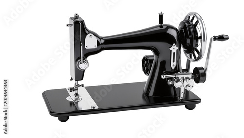 Foto Isolated classic black vintage manual hand-crank sewing machine with shiny chrom
