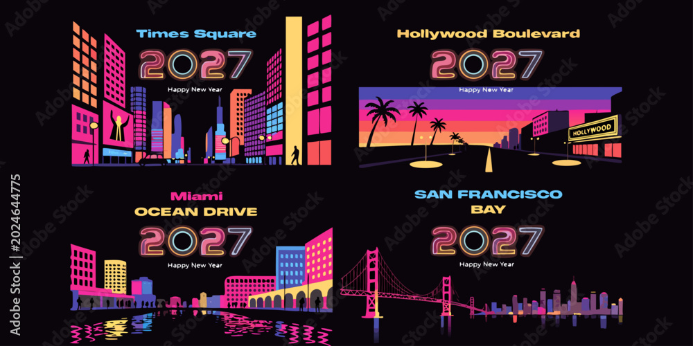 Obraz premium USA, US, U.S, United States - Set of four neon 2027 travel posters featuring times square, hollywood boulevard, miami ocean drive, and san francisco bay cityscapes in a vibrant retro synthwave style 