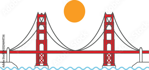 Quadro su tela Golden Gate Bridge Vector Illustration with Sunset Background over Water in Mini